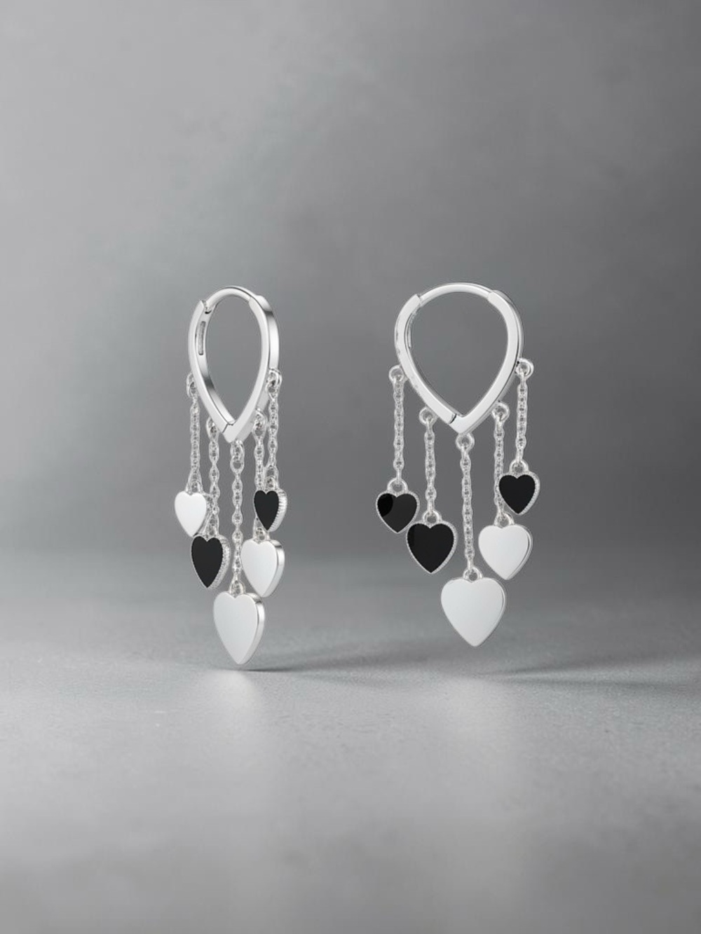 Black Heart Tassel Hoop Silver Dangle Hearts Earrings NWT - Picture 7 of 7